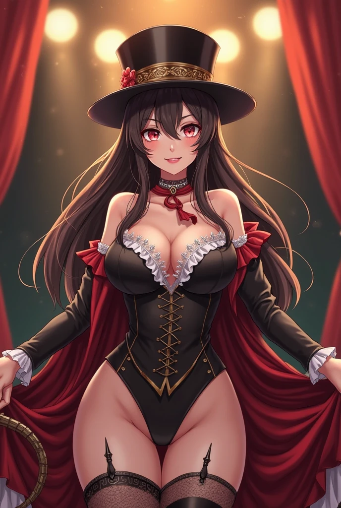 masterpiece, best quality, best illustration, HDR, beautiful details, intricate details, detailed scenery, dramatic light, best shadow, (full body), (1girl),  megumin, bare shoulders,black gloves, black hair, cape, choker, collarbone, dress, hair between eyes, hat, long sleeves, looking at viewer, medium hair, off-shoulder dress, off shoulder, red dress, red eyes, sidelocks, solo, witch hat, indoors, cleavage, big breasts, ((intricate deailed lace pantyhose))sit on the floor