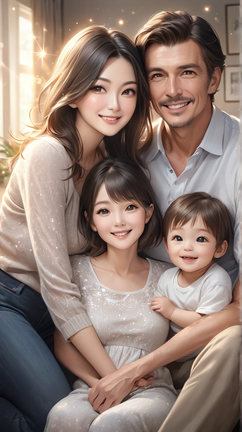 One mom, one dad, one baby， Dad should wear a white shirt and pants, Mom should wear a blue dress. Dad holding 3 months old baby，Face the lens, Smiling，looking happy. The image should be high resolution, with fine details in the faces and clothing of the family members, Detailed fingers, Detailed eyes