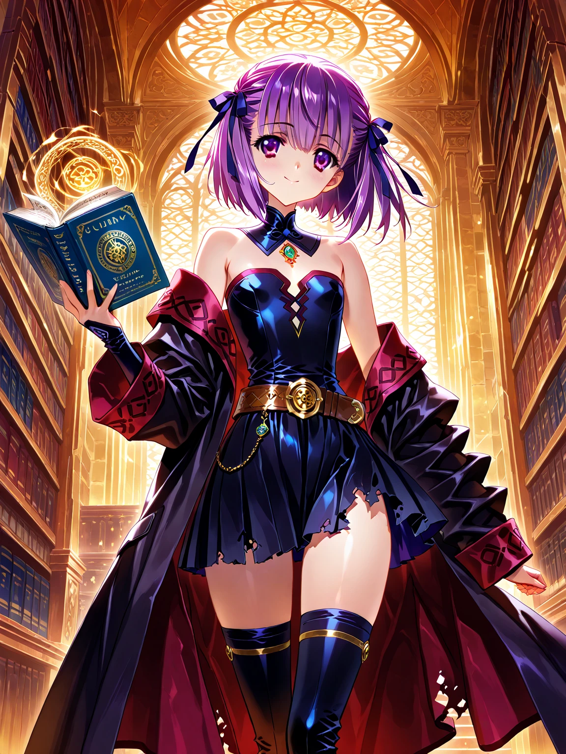 best quality, masterpiece, highres, solo, {helena_blavatsky_fgo:1.15}, purple_hair, short_hair, purple_eyes, blush, smile, bangs, hat, breasts, small_breasts, 1girl, bare_shoulders, black_thighhighs, thighhighs, looking_at_viewer, book, detached_sleeves, white_sleeves, flat_chest
