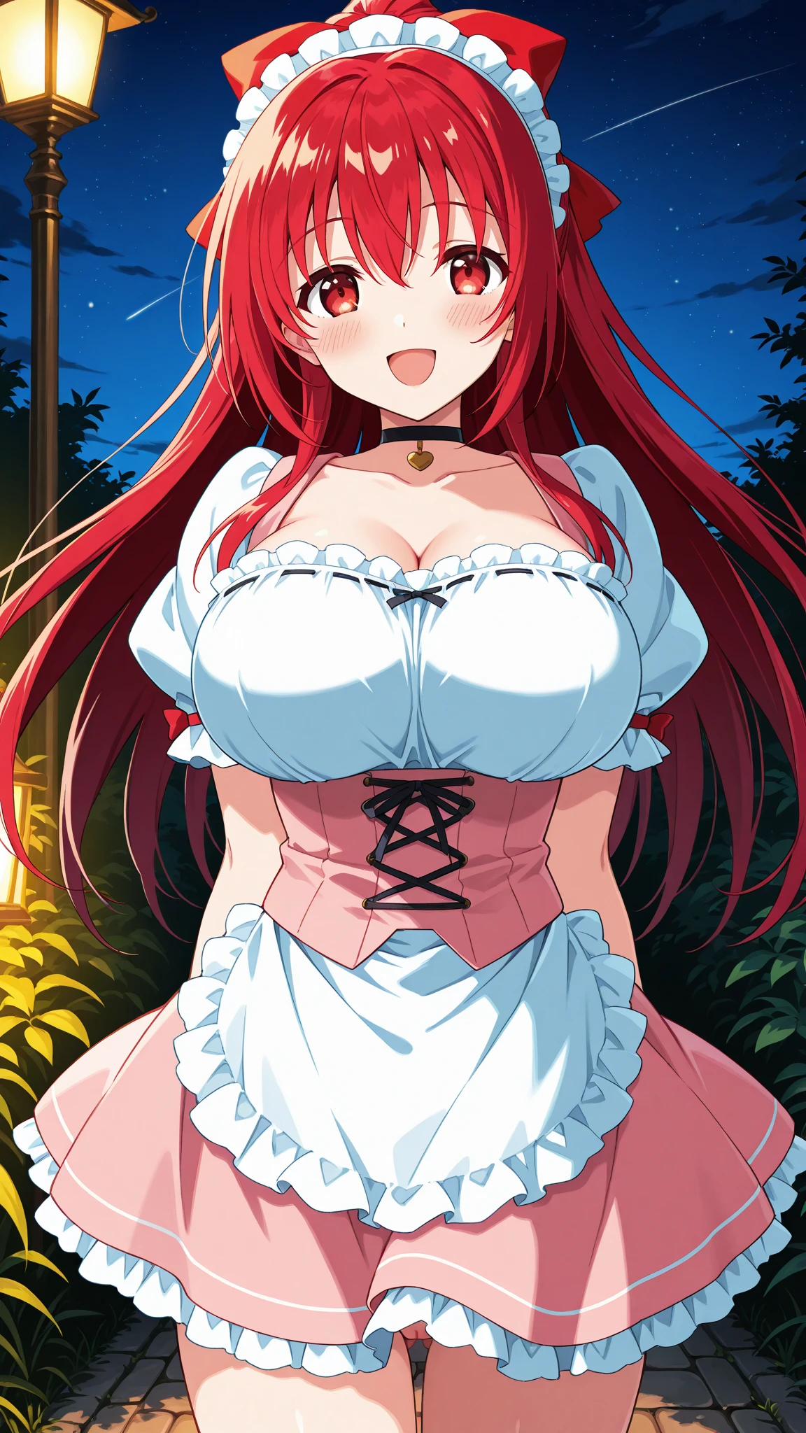 <lora:Flay-000001:1>, Flay, 1girl, tears, animal ears, breasts, forest, nature, wolf ears, long hair, maid headdress, large breasts, tree, cleavage, outdoors, wolf girl, closed eyes, maid, red hair
