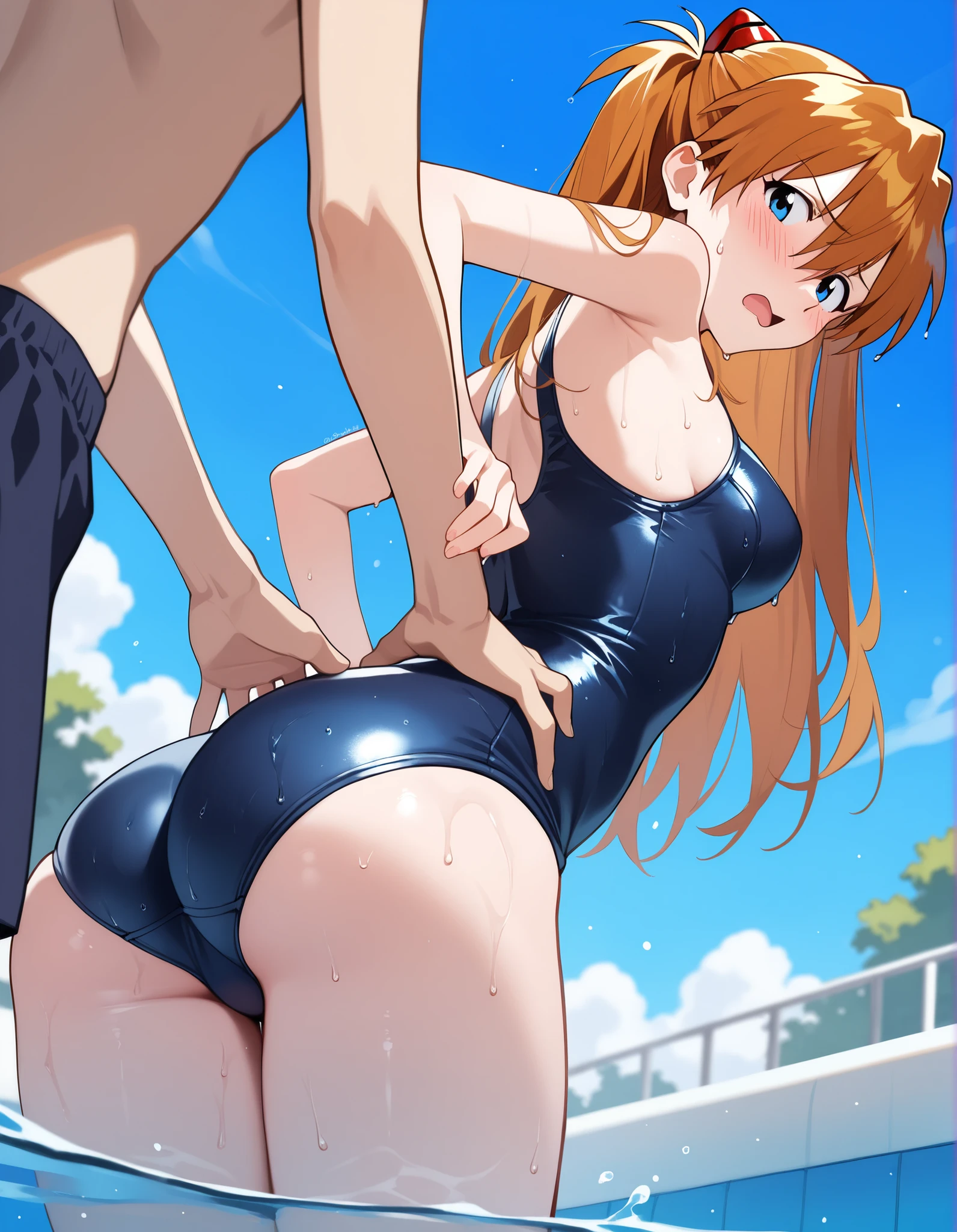 japanese,red ponytail.white bikini,nsfw, glamorous, voluptuous, beach((surrounded many boys, )),boy bteman,pussy Fingering from behind,grab shoulder, shy, sexual ecstasy, blush,stand,girl grab boy hands