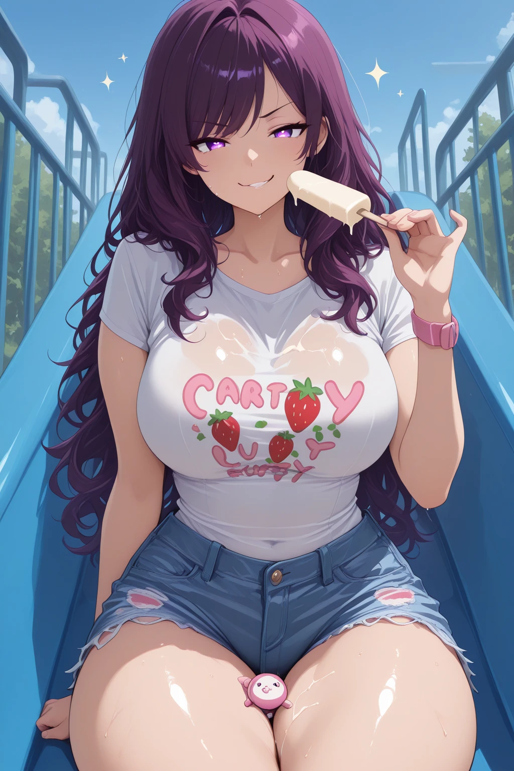 1 girl, small nose, very beautiful detailed face and eyes, bright colors, cute face, delicate beautiful face, Bright magenta eyes, cute eyes, sparkling eyes, Big eyes, (small breasts:1.3), (perky chest:1.1), (pointed chest:1.0), (icecream magazine cover:1.3),highest quality, WorKs of masters, High resolution,BlacK color hair,shiny hair, side ponytail,hair between eyes,bangs, (black jacket, real clothes, cleavage, black skirts, black thighhighs, thigh strap, fingerless gloves, single glove:1.2) , spread legs, panties shot, medium hips, glamorous body, white skin, smile, thin pubric hair, super beautiful face, Super beautiful eyes, Super beautiful hair,trendy outfit,sexy and attractive,full body esbian, Real World, Natural light,perfect Natural light,(with sparkling eyes and a contagious smile), This masterpiece is not only visually stunning but also tells, make of cake cooking , in the kitchen, open mouth, looking at viewer,