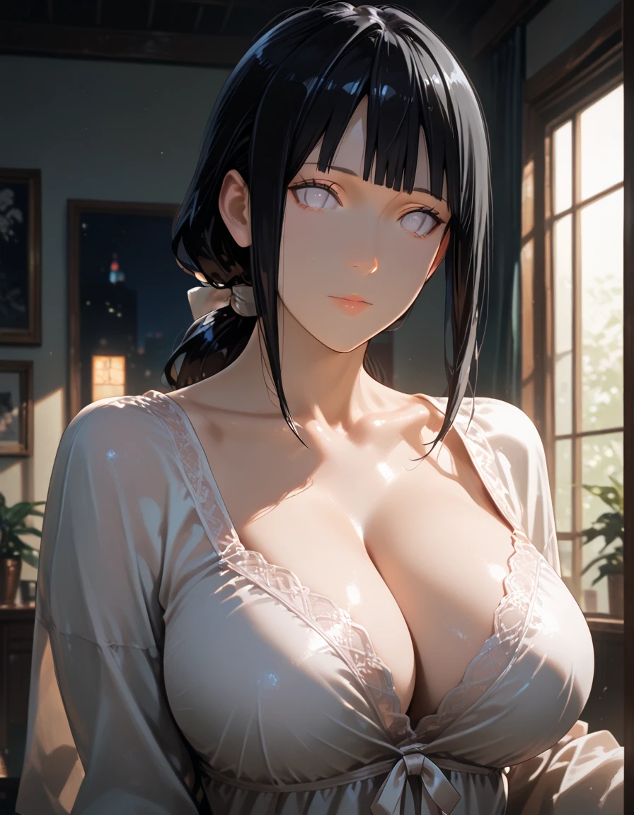 masterpiece, absurdres, hinata\(boruto\), 1girl, solo,mature female, off-shoulder strap bra, high waist short skirt, looking at viewer, perfect composition, detailed lips, big breast, beautiful face, body propotion, blush, (pink lips), long hair,  purple eyes,  soft gaze,  super realistic, detailed, photoshoot, realistic face and body,