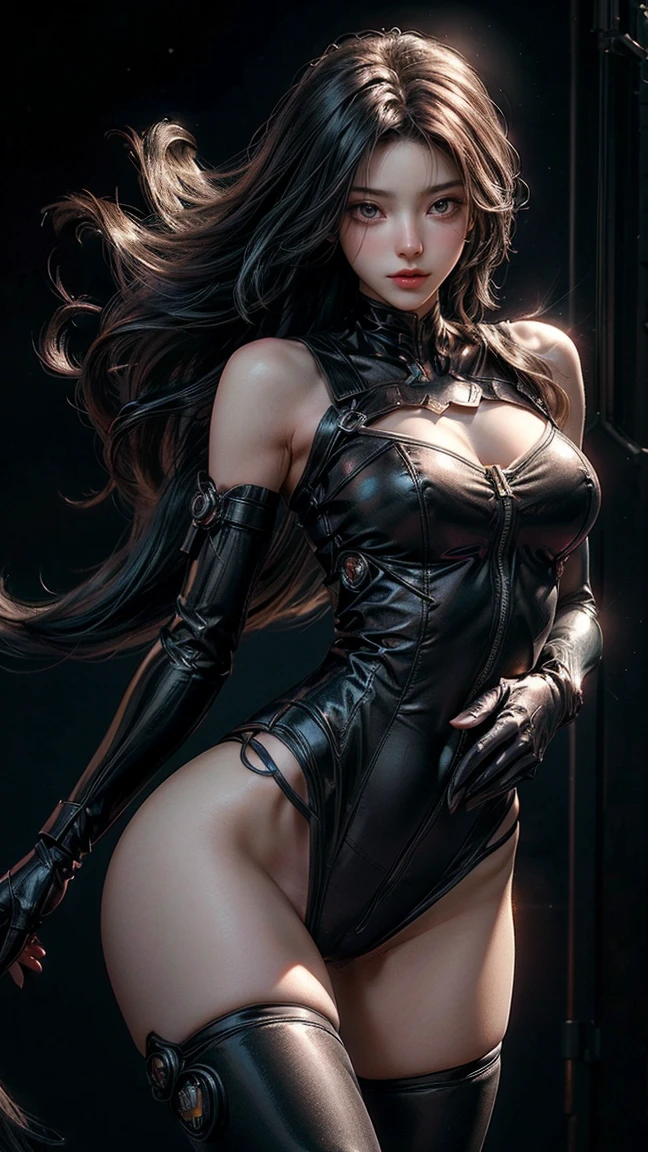 Beautiful woman with long hair defines her body and wears the role of Batman