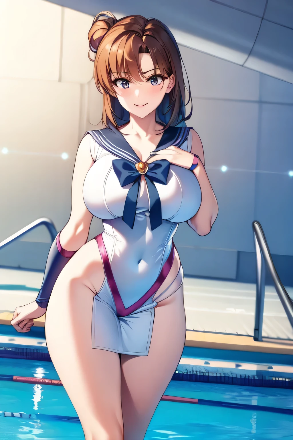(highest quality, masterpiece:), ultra-high resolution, shoot from behind, looking back, night, in the pool bar, Korean photo model, young and beautiful gravure idol, 23 years old, tight, wearing a Sailor Moon Outfit, mini skirt, white panties, high leg, gigantic breasts, puffy nipple:1.4, skinny, bangs, long hair, light brown hair, forehead, unkempt hair, gorgeous earrings, beauty, victory smile, mature woman, please face forward and look at the camera,