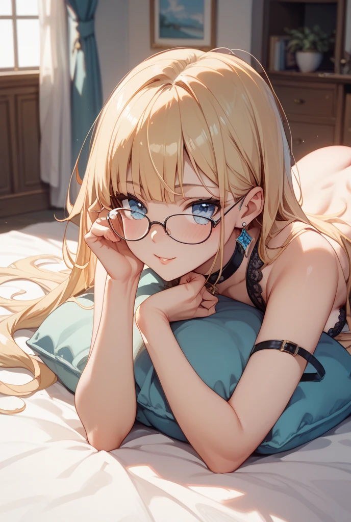 8K 、top-quality、Top image quality、​masterpiece、full bodyesbian、((NSFW:1.4))girl with((18year old、Top and bottom lace underwear 1.6、Bust 85、a blond、disheveled ponytail、Blue eyes、cleavage of the breast、Happiness、eye glass、Ear-piercing))、Get on all fours 1.6、A slender、hiquality、visualart、Background with((a bed))、masutepiece、looking at from the front