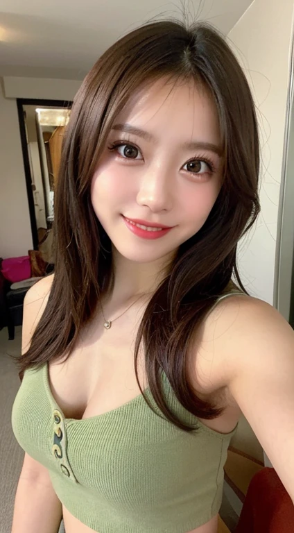 (highest quality, 8k, Tabletop, Ultra HD: 1.3), One Girl,smile、 Small breasts, Light brown hair, Blunt bangs, Hair behind the ear, Hair that falls over the shoulders, Long Hair, bikini、 Slim figure, Ultra Fine Face, Delicate lips, Beautiful eye, double eyelid, lipstick,Cleavage ,Lightly reddish ,(green_eye:1.0) ,perfect glowing skin,Perfect Skin,White skin,sweating,An inviting gaze, Ultra-fine needle, very thin fingers, , Beautiful legs . office