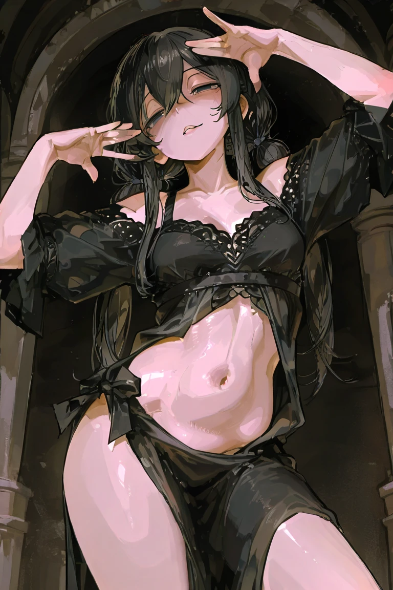 Japanese、woman，Black Hair、Long Hair、既婚woman、Big Lips、Nipples are visible、Large Breasts、L Cup Breast、Painful face、endure、forward leaning posture、刑務所に排尿するwoman、incontinence、Black tight dress、China dress、Squat positions、Spread your legs、Electric shock、Sweat、High heels、Front of body、bondage、inhibition、Exposed armpits、Chained hands、Underarm hair、Hairy armpits