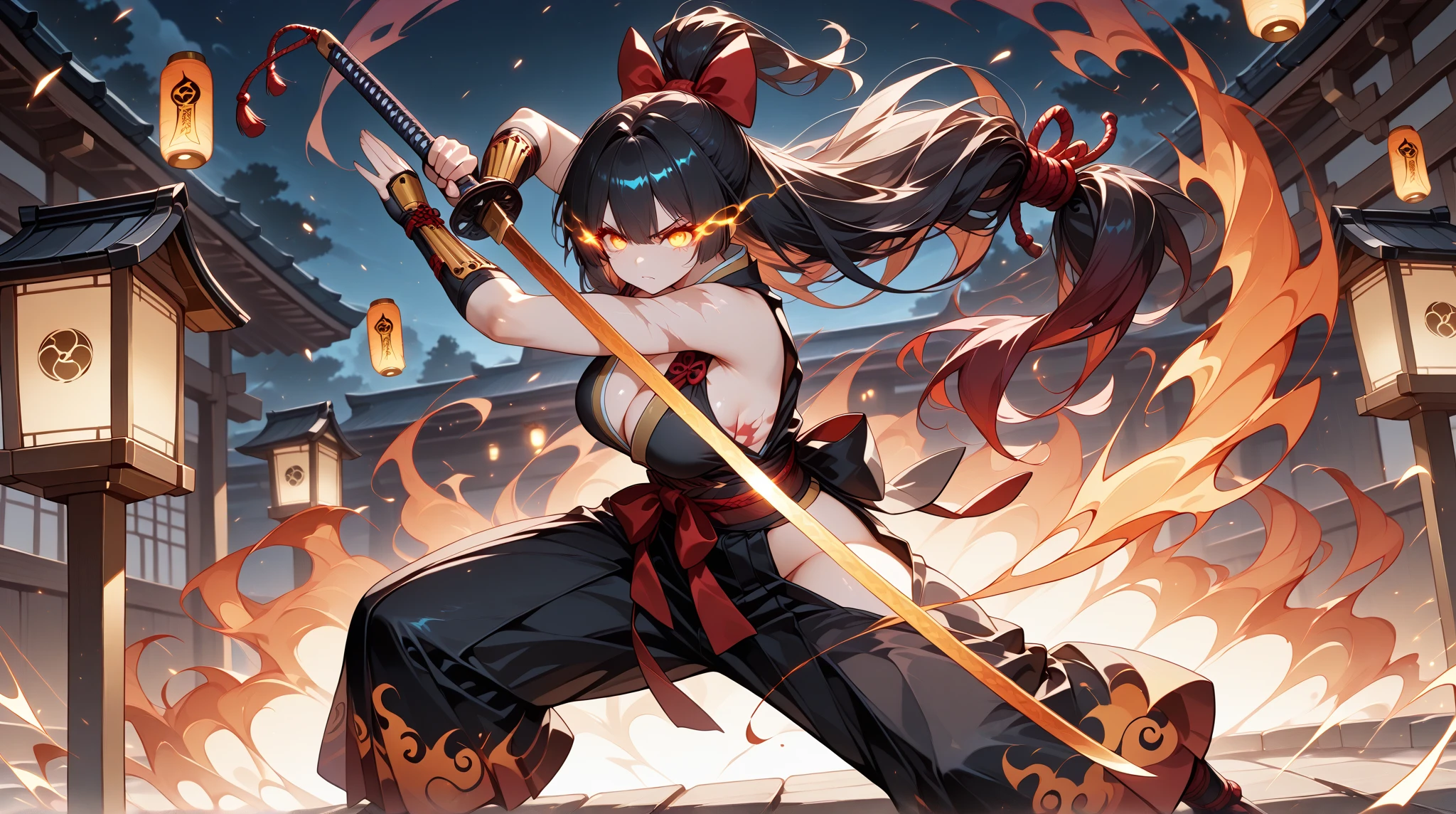 1girl samurai, micro bikini, epic fighting stance, swing sword of fire, jumping, dodging, white light trail behind her movement, cinematic motion, dramatic light, dimmed light, UHD, fine contrast, perfect face, focused eyes, mean sight, red light eyes, long ponytail, UHD, masterpiece, best quality wallpaper, above view