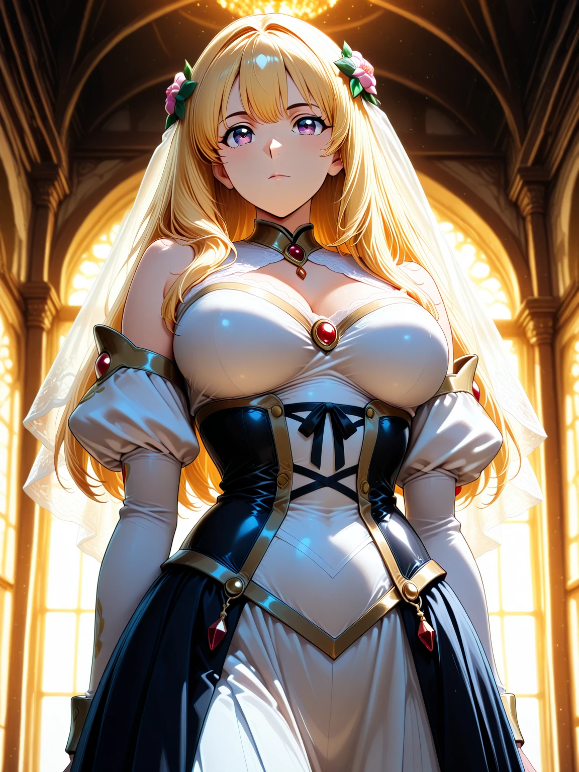 masterpiece,8k,A woman with big ,Gorgeous woman,transparent,Long blond hair,((hime cut)),Gorgeous jewelry,Crystal Hair Accessories,Cleavage,pubic,In front of the altar of the majestic church、(Blurred background)、Brighter light,(Elegant gloss)、Lots of ribbons、((Puffy sleeves))、Long cuffs,Multi-button、Gold embroidery、Long trains、White embroidered gloves、Five fingers、red cheeks