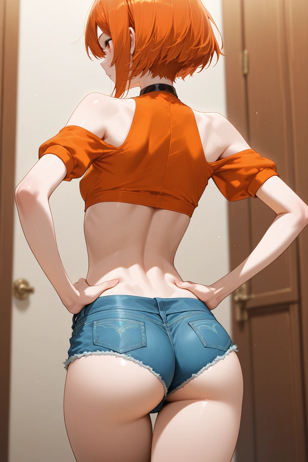whale tail, head out of frame, from behind, ribbed shirt underwear, squatting, green sweater, crop top, solo, orange hair, ass, (denim shorts), micro shorts, ass focus, 1girl, black panties, back, sleeveless, bare shoulders