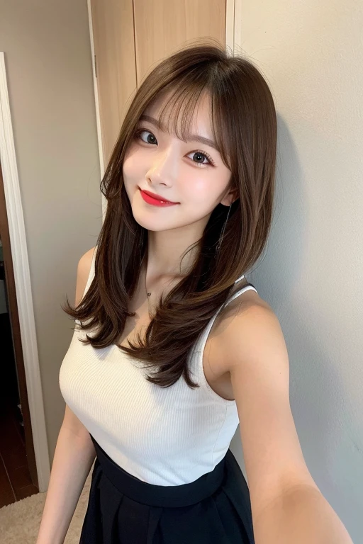 ((Best Quality, 8K, Masterpiece: 1.3)), 1 Girl, Slim Abs Beauty: 1.3, (Hairstyle Brown Hair Shortcut, Big: 1.2), Dress: 1.1, Super Slender Face, Delicate Eyes, Double Eyelids, Smile, Home, Raw Photo