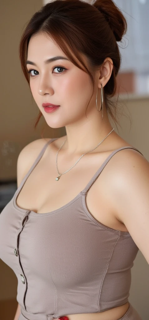 Canon RF85mm f/1.2,masterpiece,best quality,ultra highres,vc,1 girl,(korean mixed,kpop idol:1.2),solo,white_shiny_skin,black eyes,necklace,((brown_long_wavy_hair)),((pink_shiny_lips)),eyelashes,bangs,aface,make-up,shiny,Pore,skin texture,bracelet,offshoulder,see-through,big breasts