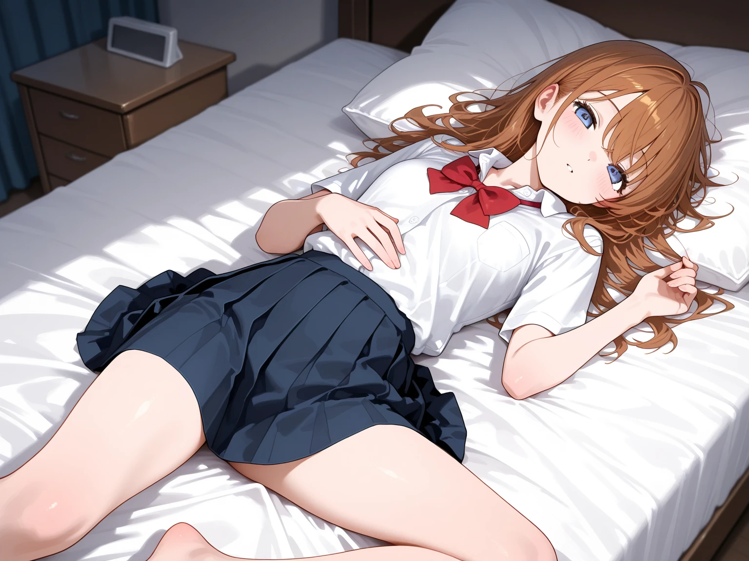 masterpiece, Highest quality, (1 beautiful girl :1.2), blonde, Straight hair, Fishtail Braid, 24-years-old, Medium chest, Standard weight, cardigan, dissatisfaction:1.3, Red nose :1.1, Drunk, close your eyes, In a hotel bed、Perplexed attitude、Remove shirt、Wet panties are laid、Naked、Leg opening、nsfw
