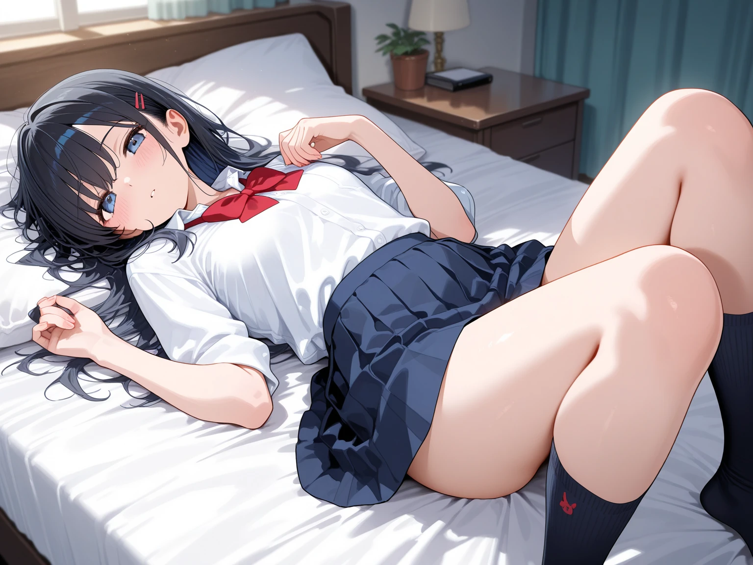 highest quality、woman、Beauty、hanging eyes、long hair、smile、blush、black hair、High School Uniform、Miniscar、On the sofa in the room、big breasts、thin waist、thin thighs、crawl on all fours、angle from behind