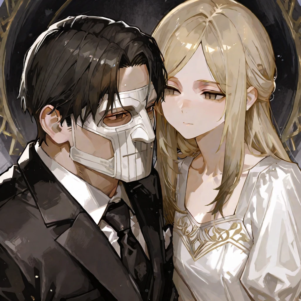 ((Highest quality)), ((masterpiece)), (detailed), （Perfect Face）、The woman is Princess Leona, with medium-long light brown hair, a gorgeously jeweled black wedding dress, a gorgeous black wedding veil, and gorgeous jewelry accessories. She is in a gorgeous bridal outfit, and a vampire is biting her on the neck and  her blood.、The woman is embraced by the majestic vampire Count Dracula, who bites her neck and happily sucks her blood.