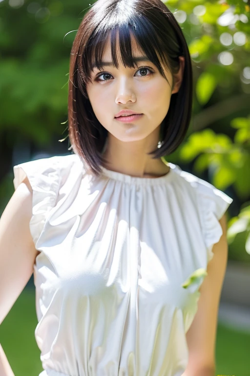 (Raw photo, Best Quality), (Realistic, Photorealsitic:1.3), masutepiece, 1 girl, extremely delicate and beautiful girl, Stand quietly facing the camera, (medium breasts), Soft light, (Brown hair, Short hair swaying in the wind), Bangs, Beautiful detailed girl, Graceful, tender, Gentle, (Detailed fingers), Correct ???????, extremely detailed eye and face, beautiful detailed nose, Beautiful detailed eyes, Neat and clean beauty, silk shirt, Skirt, (Half body:1.3), Realistic face, Realistic body,