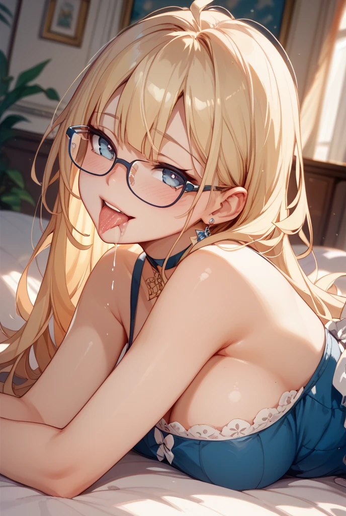 ((best quality, masterpiece:1.3, 8K)), (detailed), highly detailed face and skin texture, detailed eyes, bedroom, laying on bed, full body, (slender body:1.1), 1girl, 25 years old, white skin, blue eyes, reading glasses, bright lips, scared, worried, embarrassed, blonde hair, straight hair, long hair, (forehead:1.0), topless, hard nipples, jeans pants, skinny jeans, blue jeans, spread legs, barefoot, (bukake:1.5),