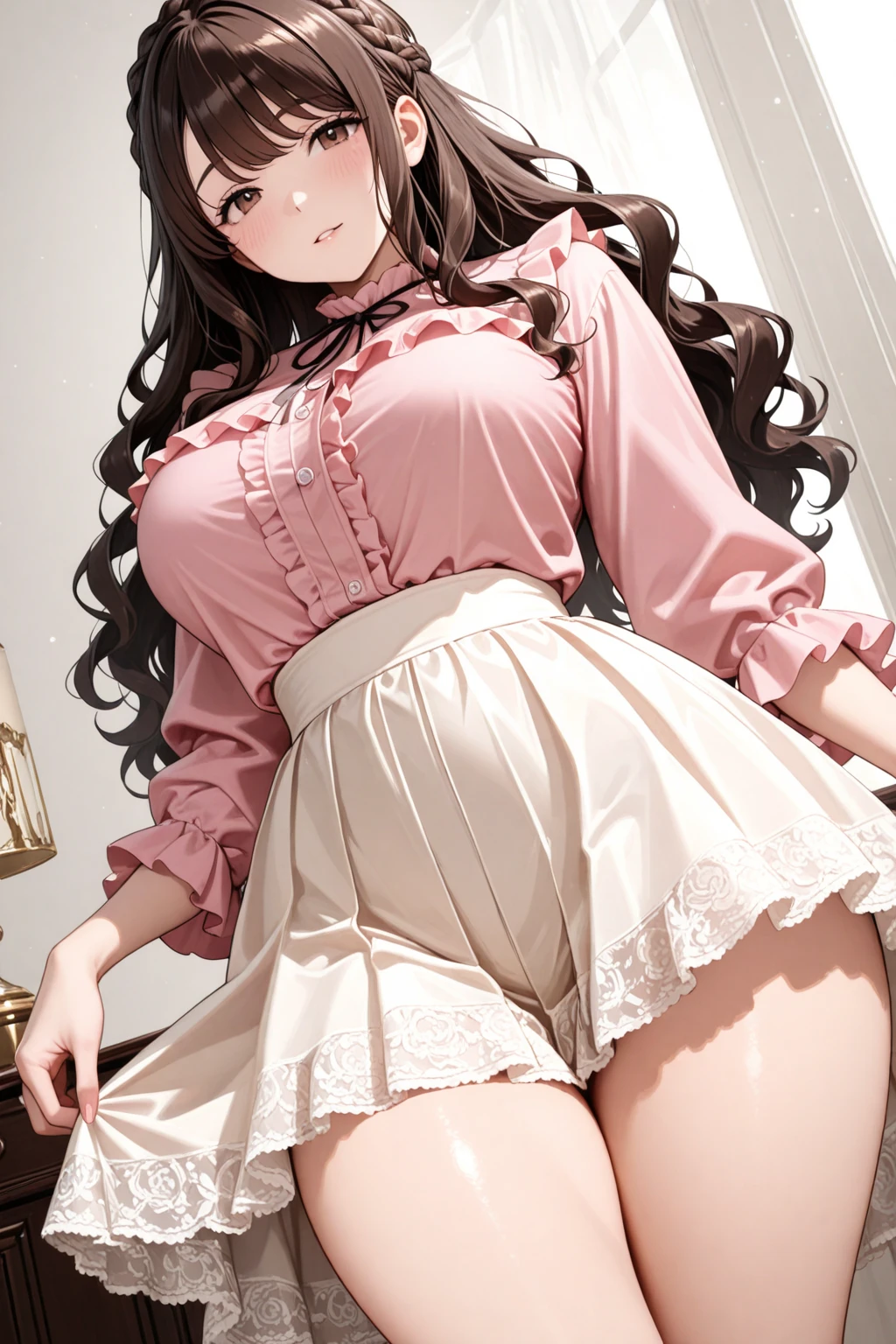 masterpiece,best quality,(solo:1.3),1girl,(tareme:1.2),(full body:1.2),standing,leaning forward,bent over,(low-tied_long_hair:1.3),(low twintails:1.2), dress, ribbons,hair ribbon,very long hair,hair ornament,hair flower, smile, looking at viewer, pink headwear,red eyes,symbol-shaped pupils, short sleeves, puffy sleeves, bangs, blush, blunt bangs, puffy short sleeves, jewelry, ribbon, plaid dress, makeup,eyelashes, necklace, wavy hair,(white thighhighs,thighs:1.2),(large breasts:1.2),indoors, messy room, window,sweet,girls's room,pink theme,painting \(medium\),teddy bear, stuffed toy, loaded interior,bedroom,(((otaku room))),trash bags,plastic bags,cola,chips_(food),juice box, books,
