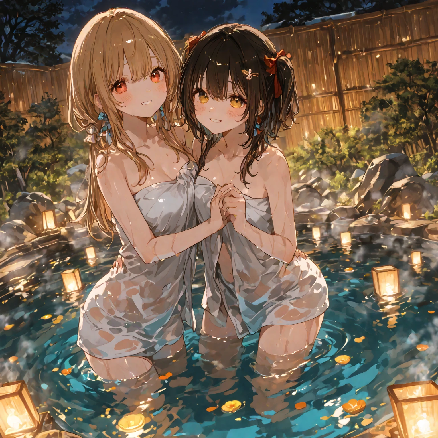 modern style,Realistic,Real,Photorealistic,Actual photo,colorful,
It depicts a scene of several women and staff enjoying a party by the poolside,
((night,Lunch on the table in the back)),
((Illuminated pool,LED-lit pool water)),
Dolphin floats and beach balls floating in a small pool,
Good friends,Pleasant memories,Time together,
Depth of written boundary,Splash,mischief,Folded bath towel,
Detailed Description,View here,smile,Commemorative photo,
Perfect face and body,Detailed face,Perfect Anatomy,
masterpiece,Highest quality,16K,High resolution,Raw photo,Professional,
Award-winning,Browsing Caution,Art Station,
Cinematic lighting,Natural lighting,Soft lighting,
Bewitching atmosphere,Cozy atmosphere,A gentle and sweet space,
Captivating,Keep an eye out,
Medium Shot,
Physically Based Rendering,
Thin outline BREAK Spotlight on him,Beautiful Face,Well-formed face,
Wet and fresh skin,Water pops,
