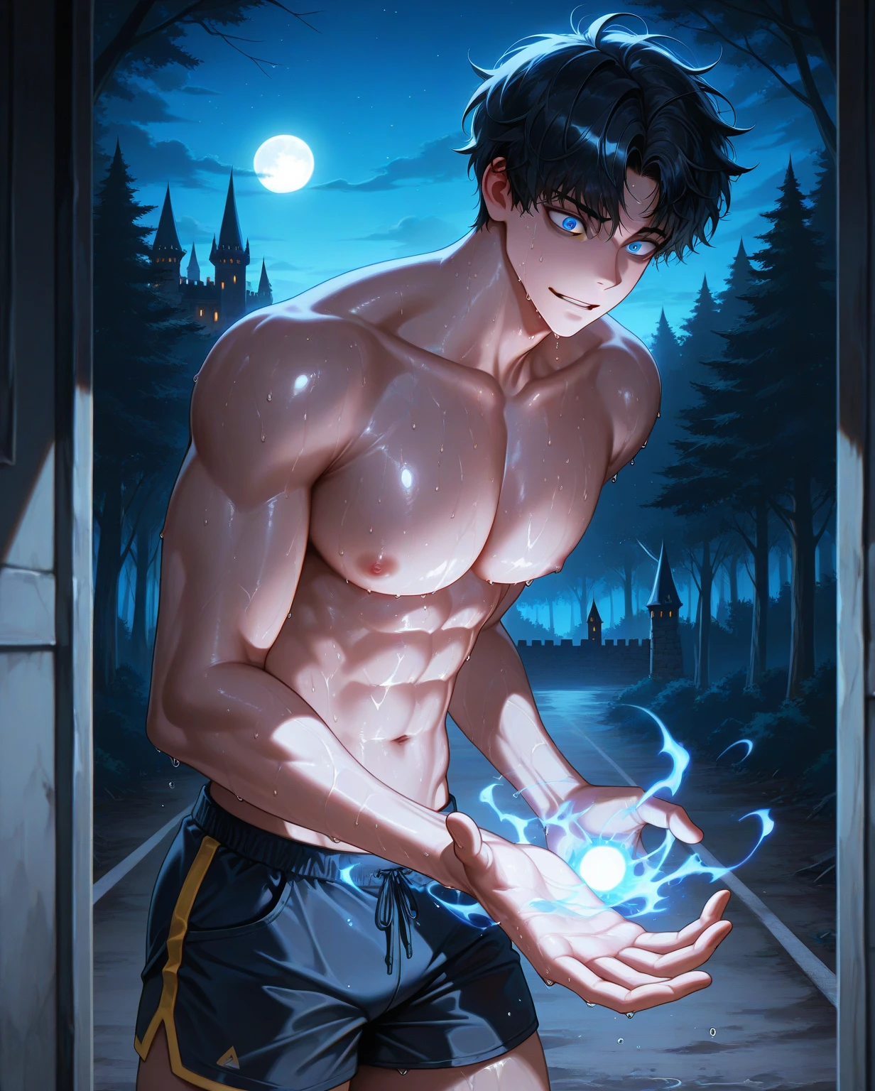 (score_9,score_8_up,score_7_up),1male,black hair hair,blue eyes, shirtless,wolf ear, hansome_face,hold a book, magic aura,Red skirt, His left hand cast magic