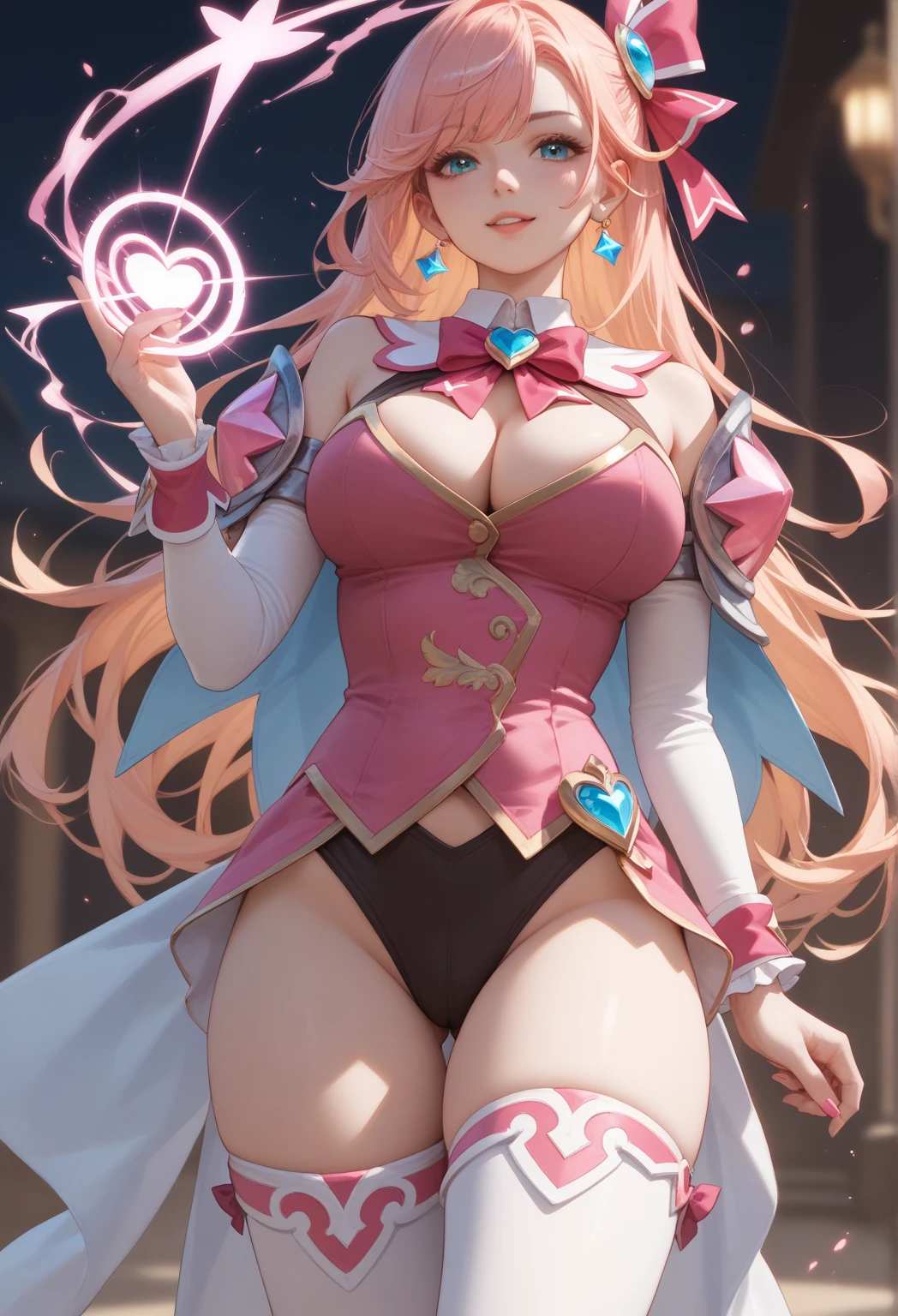 Best Quality,Very Detailed,(Realistic),Masterpiece,Photorealistic,Realistic Human Proportions,Fantastic Realism,Perfect Lighting,Soft Light,Natural Light,Physically Based Rendering,Auto White Balance,4K,1girl,(Irisviel von Einzbern),mature female,red eyes,solo,bangs,(gigantic_breasts:1.6),(hanging breasts:1.4),((thick thighs)),(magical_girl),white gloves,pink footwear,high heels,pink boots,pink bow,blue bow,bow,brooch,dress,standing,earrings,frilled dress,frills,gloves,hair bow,heart,jewelry,seductive smile,open mouth,holding staff,masterpiece,best quality,Super detailed,exquisite face shape,nose,red lips,detailed eyes,(iris and pupils are round, pupils reflect the environment, eyes vary in size) eyeliner,eyelashes,smooth hair,smooth skin,posing for a photo,