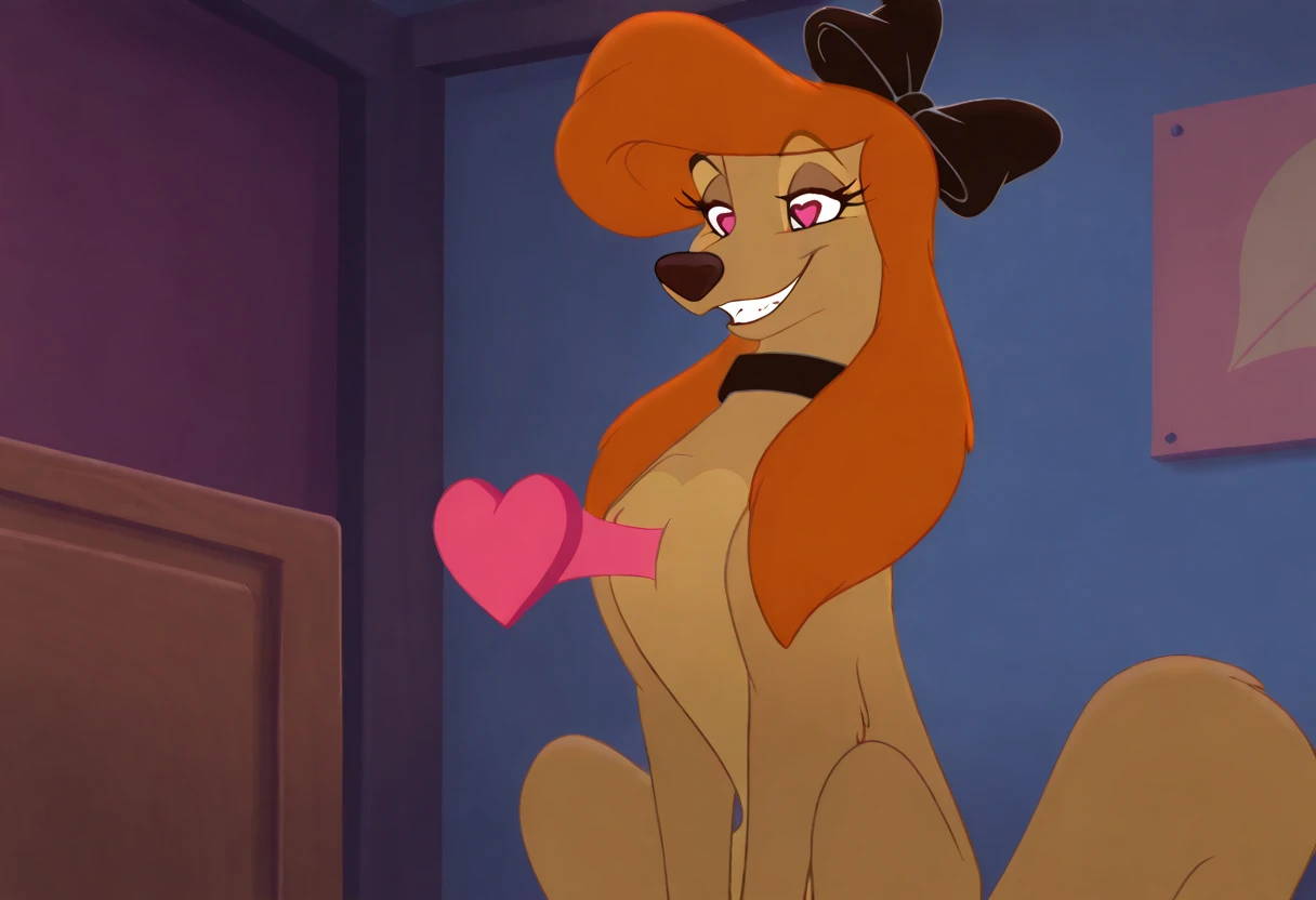 masterpiece, absurdres, best anatomy, high resolution, dynamic lighting, Roxanne Goofy, 1girl, solo, full body, pink off shoulder dress, all fours, dynamic angle, looking up at viewer, cleavage, kneeling on bed, hands between legs, oversized dog collar, blush, long eyelashes, twinkle eyes, flower bed, smile, shinkawa youji style, <lora:yojiShinkawaStyle_offset:0.4> <lora:roxanneGoofy_v1:0.7>
