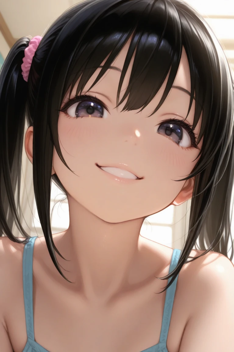highest quality、realistic、Japanese、adult woman、cute、brown eyes、ponytail、gray hair、all back、The forehead is out、pool、poolサイド座る、、A big smile、close up face、slender、
