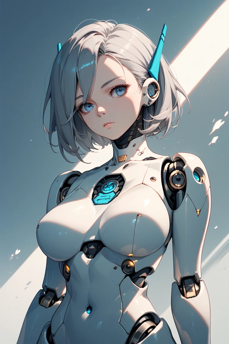 a extremely delicate and beautiful girl, anime style,masterpiece, high quality, best quality, highly detailed, insanely detailed, 4K、1 female robot、The model is a Japanese woman in her 50s.、Internal machinery exposed、silver metallic robot body、Spherical joints、Robot joints、antenna shaped ears、Blue eyes、Emotionless eyes、Emotionless facial expressions、robot woman、Robot Girl、Female Android、boobs robot、boobs android、Oil leakage、Inter-strands、Sex Android
