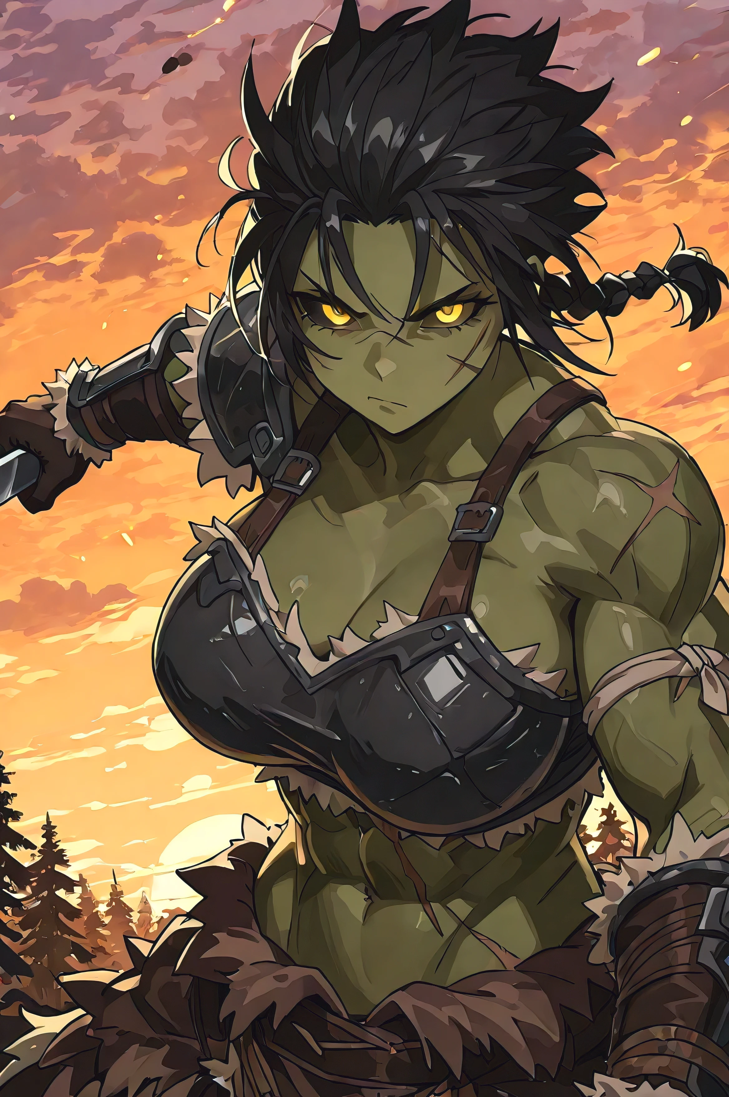 Orc female, short hair, black hair, spiky hair, hair up, short hair, low braid, scar on belly, combed hair, yellow eyes, green skin, flat coloring, 2d coloring, muscular body, glowing pupils, black sclera, large breasts, highly detailed, detailed eyes, tribal troop, aggressive look, sunset forest background, fighting monster, attacking, wearing barbarian armor,