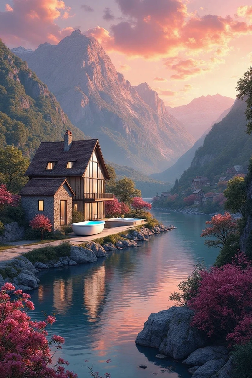Villa by the lake, small boats, wildflowers, snow mountains, Blue sky. and the sun was shining brightly, the detail, 4K, k hd, high high quality.