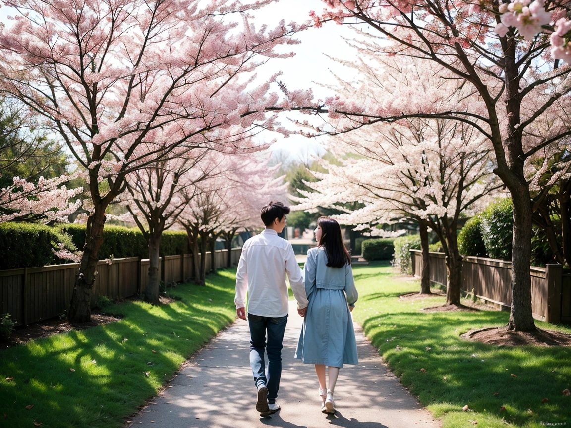 a landscape with a lot of sakura trees, and a couple walking hand in hand