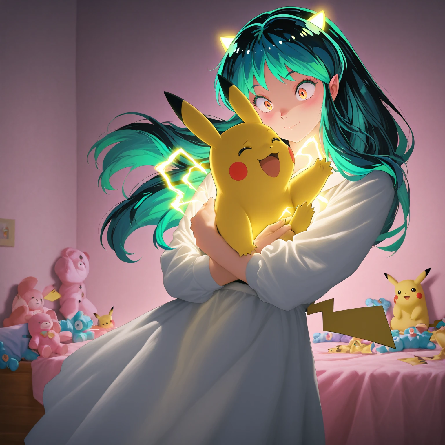 Lum from Urusei Yatsura, electrified state, floating hair, (green hair), glowing electrical effects, embraced Pikachu, yellow electric lights, happy expression, glowing horns, pink girl's room, wall of plush toys, cute furniture, pastel decorations, soft lighting, anime-style rendering, artistic masterpiece, ultimate quality, delicate details