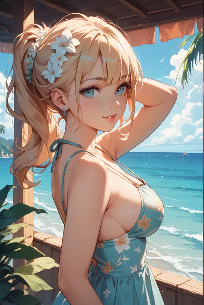 (masterpiece:1.3, Highest quality, Ultra-high resolution, Super detailed), (Realistic, photoRealistic:1.4), Beautiful illustrations, Perfect lighting, Natural light, colorful, Depth of written boundary, NFSW, 
View your viewers, (throw, Close-up shot), 1 Girl, Japanese, high school girl, Perfect Face, Cute and symmetrical face, Shiny skin, Sunburned skin
(Long Hair:1.2, Side Ponytail:1.2, (Blonde)), blue eyes, (Large Breasts, seductive Thighs), Thighs, 
Beautiful Hair, Beautiful Face, Beautiful attention to detail, Beautiful clavicle, Beautiful body, Beautiful breasts, 美しいThighs, Beautiful feet, Beautiful fingers, 
((Navy Micro Bikini)), necklace, hair ornaments, 
(Beautiful views), evening, (Tropical beach), , (Captivating smile, Upward glance, Part your lips), 