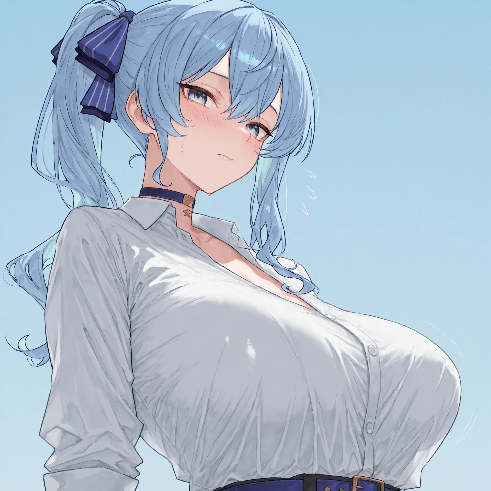 Very cute sister，(Large Breasts:2)，Card issuance，Perfect body，(Long purple-gray hair)，(Blue-green eyes)，High Detail，high quality，(White sleeveless shirt:1.5)，(Exposing breasts:1)，(red plaid skirt:1.3)，Shy，(There are small braids on both sides)，Fine finger detailing