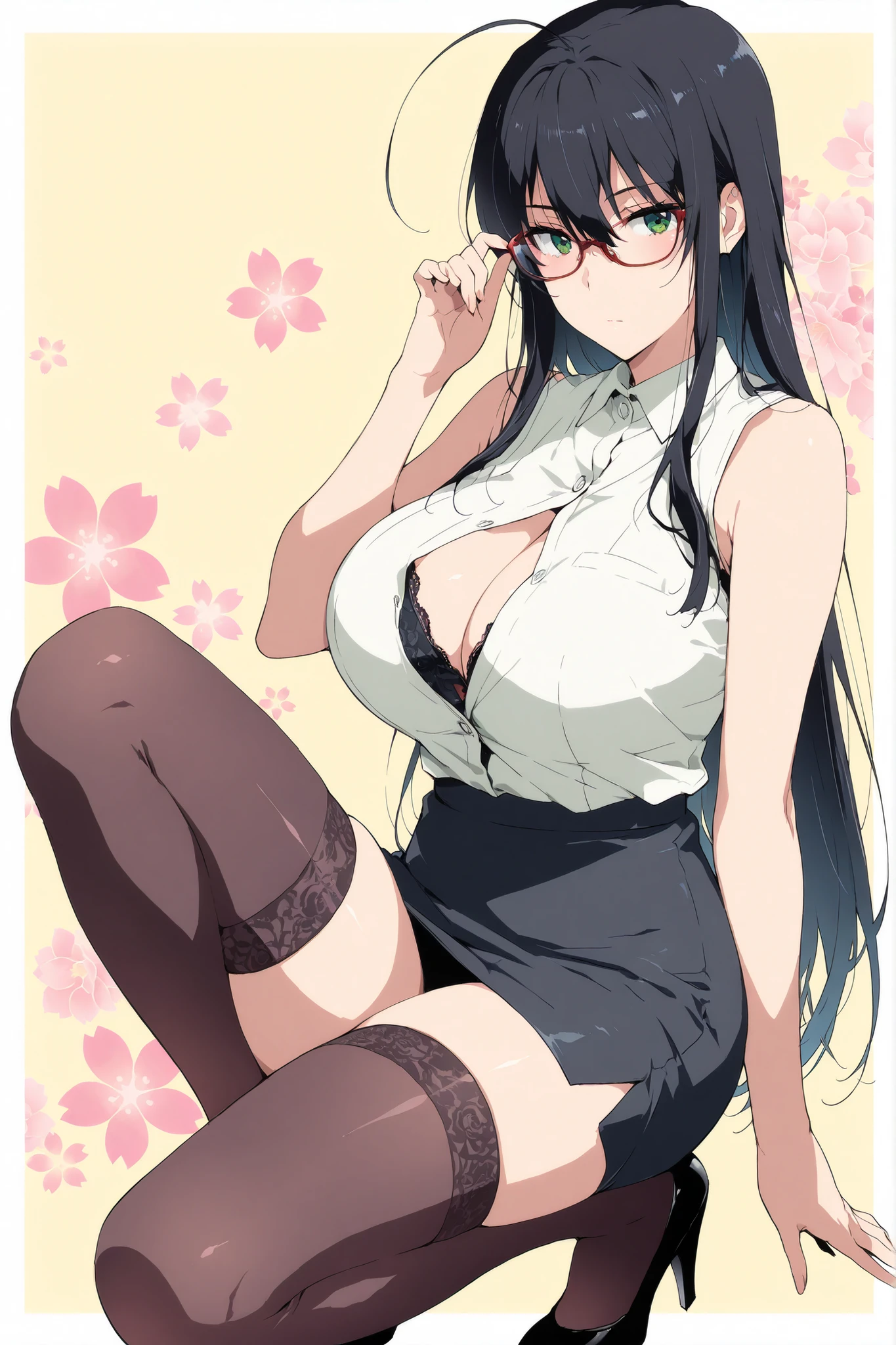 best quality, masterpiece, highres, solo, {ooyodo_kantaicollection:1.15}, black_hair, long_hair, glasses, hairband, semi-rimless_eyewear, under-rim_eyewear, blue_eyes, green_eyes, small_breasts, 1girl, looking_at_viewer, necktie, harbor_background, red_necktie,angry,smile,Proudly,(bunny_suits:1.5),bunny_ears,thighs,fishnet_pantyhose,cuffs,