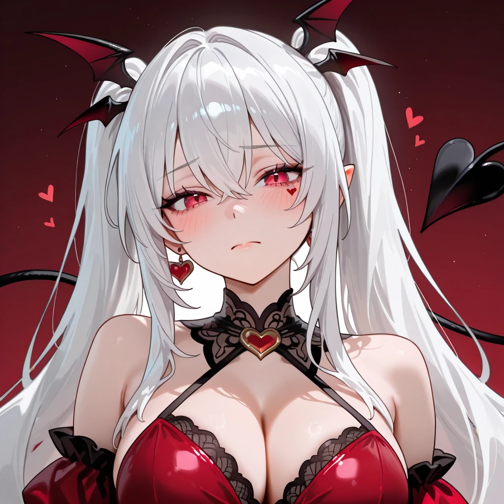 Sexy girl, white hair, red eyes, sexy black horns, demon tail, naked, actress body, tongue out, fully naked, tits, boobs, pussy, demon tail, succubus