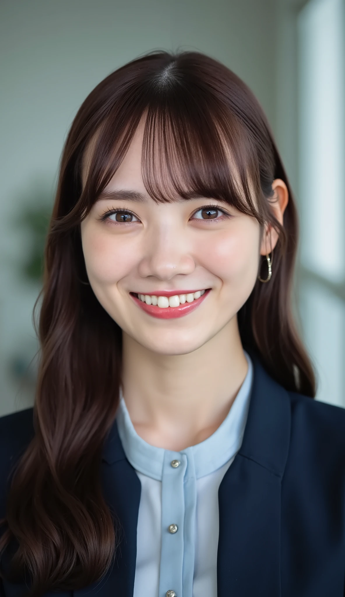 Neat Young Woman、and look at the camera、office lady suit、jacket、shirt、necklace、、ear piercing、、、Has bangs、smile showing teeth、Bust Up Shot、background is office