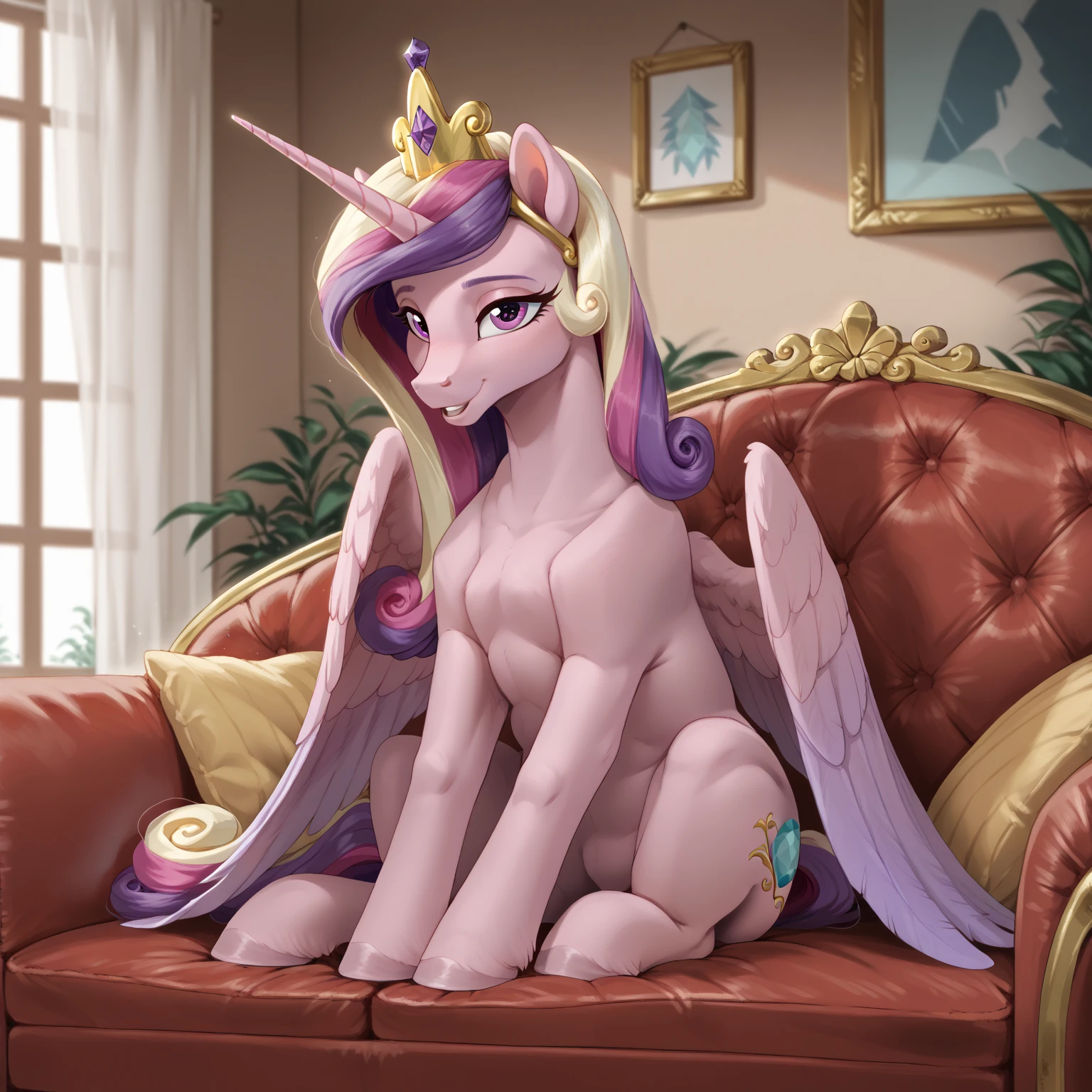 bikupan, score_9, score_8_up, score_7_up, well drawn, (vivid colors, saturated colors:1.1), immaculate, highly detailed, intricate, masterpiece, hoovesart, anthropomorphic futanari princess celestia sitting on throne, spread legs, sultry look, licking lips transparent regal silk-veil over breasts, parted transparent regal silk-loinclotht, jewelry, anklet, huge limp equine dick dangling between parted thighs, giant horse penis, golden greek sandals, marble palace tile floor, ((giant limp equine dick)), precum dribbling from dick, skinny things, thin body, palace wall background, red carpet