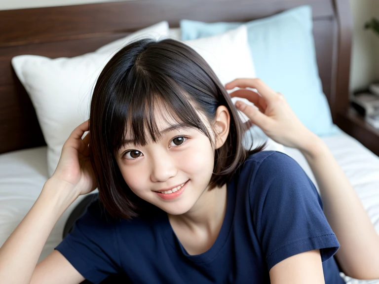 One girl,summer,Inside the room,Sitting on the bed,Black Hair,Short Bob,Navy blue tank top,smile,6th grade elementary school,Honor student,Innocent,front,Look here,transparent,  Soft Light,(masterpiece, Highest quality), Structure of the film, Like a movie