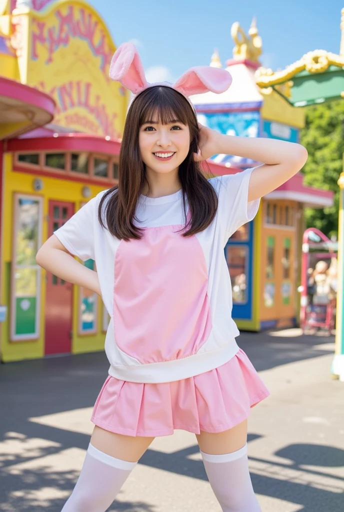 Portray a person with a cute hairstyle, sporting a sweet smile, while enjoying a candy apple, all depicted in the style of Japanese photography with hyper-realistic portraits. Dress the individual as a cheerleader and incorporate instruments typically used in an orchestra. Utilize a local cityscape as the background and experiment with shades and out-of-focus elements using an instant camera