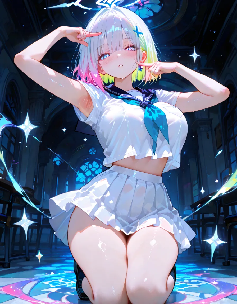 (Best quality, 8k, 32k, Masterpiece, UHD,:1.2),RAW, human, 1girl,ultra cute , ultra cute, natural lighting,transparent shining eyes, 20yo, medium breast ,femur, fair complexion , flushed face, sailor suit, playboy rabbit ear, showing panties, pink hair, short hair, From Below, Cowboy shot, sailor skirt, show off panties