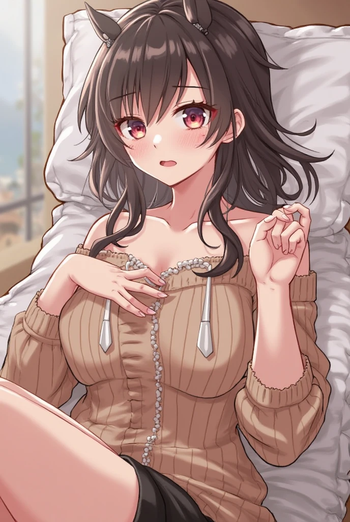 (table top, highest quality, High resolution, , perfect pixel, 4k,), 1 girl, single, alone, Beautiful woman、I could see the whole body、 ((wavy middle hair, bangs, brown hair)), ((brown eyes, beautiful eyelashes, realistic eyes)), ((detailed face, blush:1.2)), ((smooth texture:0.75, realistic texture:0.65, realistic:1.1, Anime CG style)), medium breasts, dynamic angle, perfect body, ((Pink lace panties are visible, beige off shoulder sweater、、black stockings、cute necklace、earrings、)), upper grade、shy smile、Luxury hotel room、sleep on your back in bed、((open legs))、angle from below、Put your arms together to accentuate your cleavage、、(())、