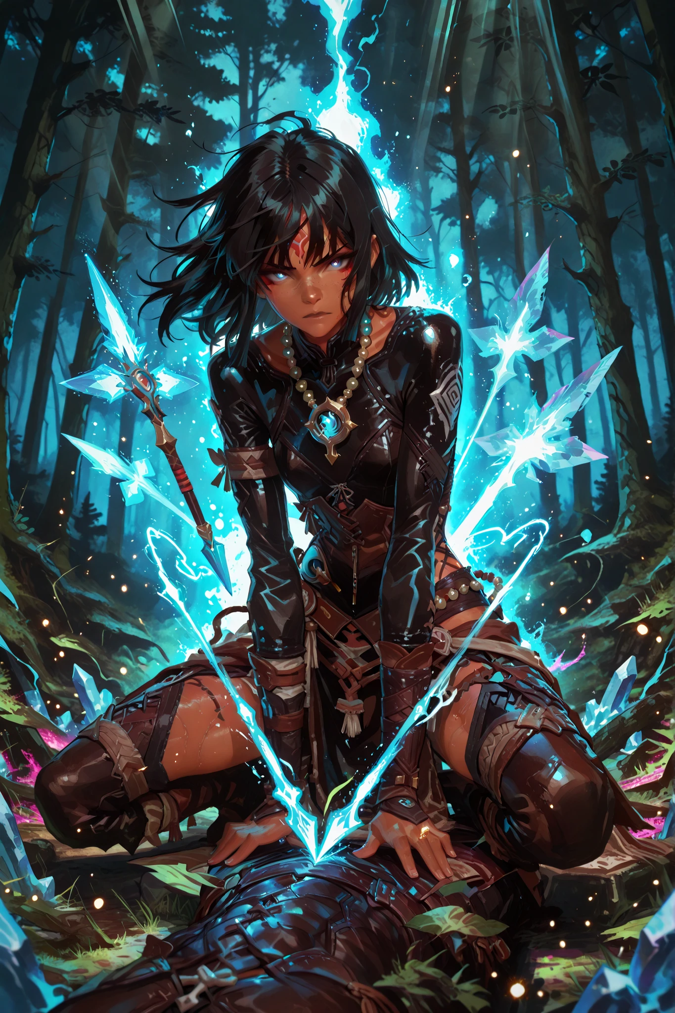 (qualidade superior:1.2), (ultra detalhado:1.1), (fantastic art:1.3), ((1girl)), ((indigenous_warrior_princess:1.4)), ((long_flowing_black_hair:1.3)), ((smooth_tanned_skin:1.2)), ((serene_facial_features)), ((focused_intense_eyes)), ((native_american_features)), ((combat_stance:1.2)), ((archer_pose)), ((curved_body_position)), ((magical_blue_energy_bow:1.4)), ((glowing_spiritual_arrow:1.3)), ((floating_leaves)), ((mystical_forest_background:1.2)), ((blue_crystal_necklace:1.2)), ((magical_aura_effects)), ((traditional_warrior_attire)), ((leather_detailed_dress)), ((beaded_accessories)), ((spiritual_symbols)), ((energy_particles)), ((ethereal_lighting:1.3)), ((swirling_leaves:1.2)), ((power_impact_effects)), ((magical_atmosphere)), ((dynamic_composition)), ((ancestral_energy)), ((depth_of_field)), ((glowing_particles)), ((light_rays)), ((forest_backdrop)), ((action_shot)), epic_fantasy_style, animation_quality, professional_rendering