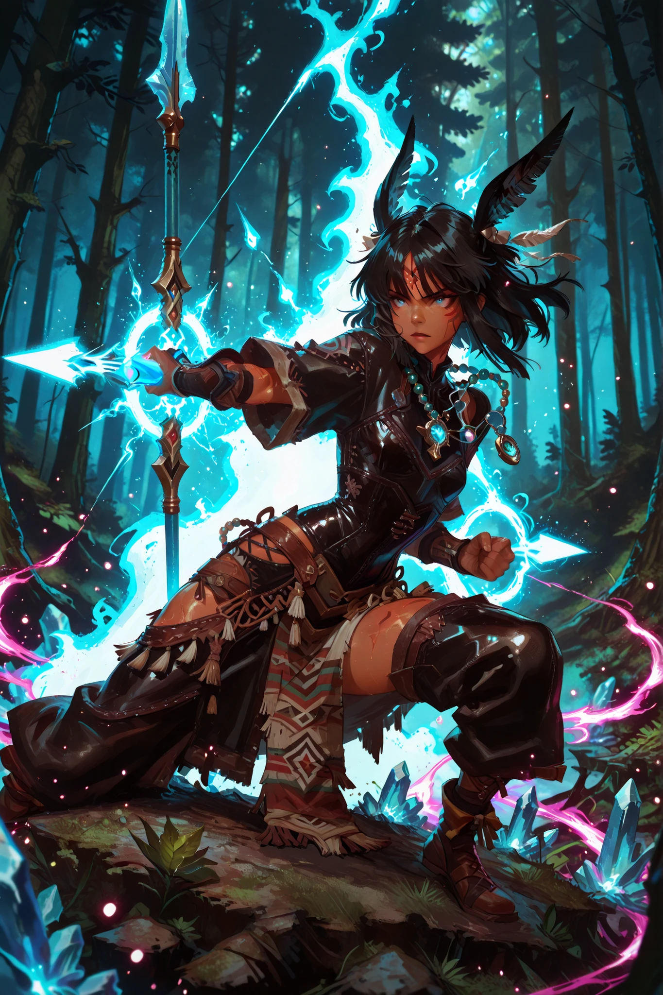 (qualidade superior:1.2), (ultra detalhado:1.1), (fantastic art:1.3), ((1girl)), ((indigenous_warrior_princess:1.4)), ((long_flowing_black_hair:1.3)), ((smooth_tanned_skin:1.2)), ((serene_facial_features)), ((focused_intense_eyes)), ((native_american_features)), ((combat_stance:1.2)), ((archer_pose)), ((curved_body_position)), ((magical_blue_energy_bow:1.4)), ((glowing_spiritual_arrow:1.3)), ((floating_leaves)), ((mystical_forest_background:1.2)), ((blue_crystal_necklace:1.2)), ((magical_aura_effects)), ((traditional_warrior_attire)), ((leather_detailed_dress)), ((beaded_accessories)), ((spiritual_symbols)), ((energy_particles)), ((ethereal_lighting:1.3)), ((swirling_leaves:1.2)), ((power_impact_effects)), ((magical_atmosphere)), ((dynamic_composition)), ((ancestral_energy)), ((depth_of_field)), ((glowing_particles)), ((light_rays)), ((forest_backdrop)), ((action_shot)), epic_fantasy_style, animation_quality, professional_rendering