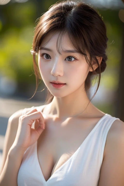((cute日本の女の子、beautiful japanese girl、1 girl、clear、19 years old、ponytail、Highly detailed face and skin texture、refinement、super detailed face、highly detailed eyes、Lee Hong、blush、cheek、ピンクのcheekを塗ったcheek、close-up of woman、 from the neck up、 Close to the camera、 positive face、Forward-facing body、look at the camera、front、cute、smooth white skin、Transparent skin texture、))、(dark brown hair、bangs)、beautiful woman with perfect style:1.4、japanese model、young gravure idol、若いcuteグラビアアイドル、Realistic young gravure idol、refinementされたグラビアアイドル、((highest quality、8K、masterpiece:1.3、1photograph))、(4K、RAWphotograph、highest quality)、(realistic、フォトrealistic:1.37)、Place someone on the other side of the screen、Natural light、professional lighting、F cup、big breasts、big breasts、Beautiful and well-shaped breasts、