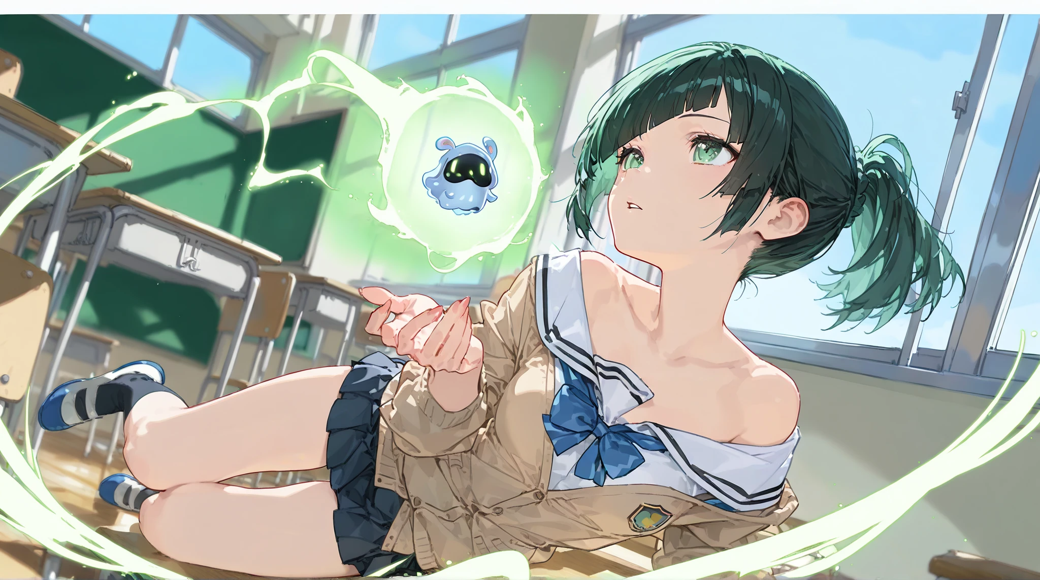 <lora:_bubbles:0.7:NIN> many bubbles reflection, kawaii petit child childish innocent ankle-biter 1girl 8yo, star-shaped pupils small_star symbol in the pupils and iris, ((skindantation)) ((flat chest)) +++, +++ 
purple eyes, 
deep gray hair, 
medium hair , 
bowl cut hair, 
drill hair , 
one eye visible through hair, 
hair flaps , 
grin, 
embarrassed , 
+++, +++ extremely quality, high detailed, anime coloring illustration game cg contrapposto <lora:_flat2:0.3:ALL> ++ Faint lips,UC:realistic cute anime face cinematic angle Girl at the front single focus dynamic pose, clear green collared_shirt, vertical stripes, necktie black plaid_skirt  thighhighs bare feet