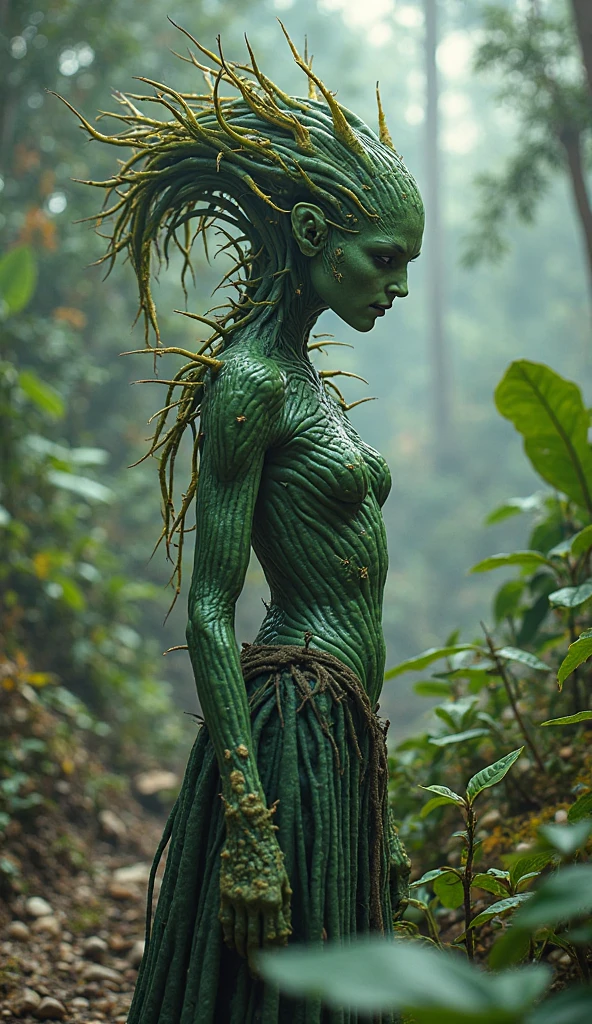 Beautiful teen,  in forest, dark green skin, small , brown straight hair, dark hairy bush, dark pubic hair, jungle girl, green skin all over body, green 