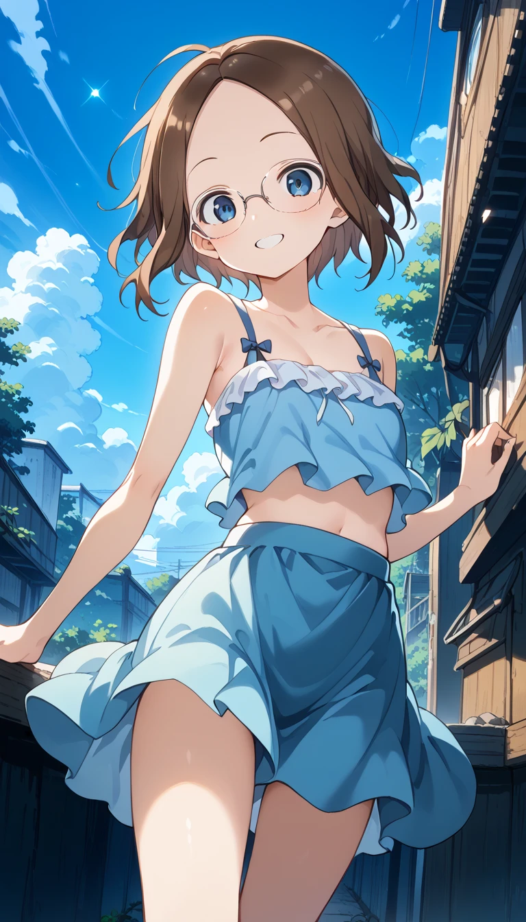 masterpiece, best quality, aalo, solo, short hair, ahoge, collarbone, (petite), from below,
seductive smile, open mouth, standing, polka dot dress, blue dress lift, flat chest, nipple slip, nipples, wind lift, (pussy), outdoor,