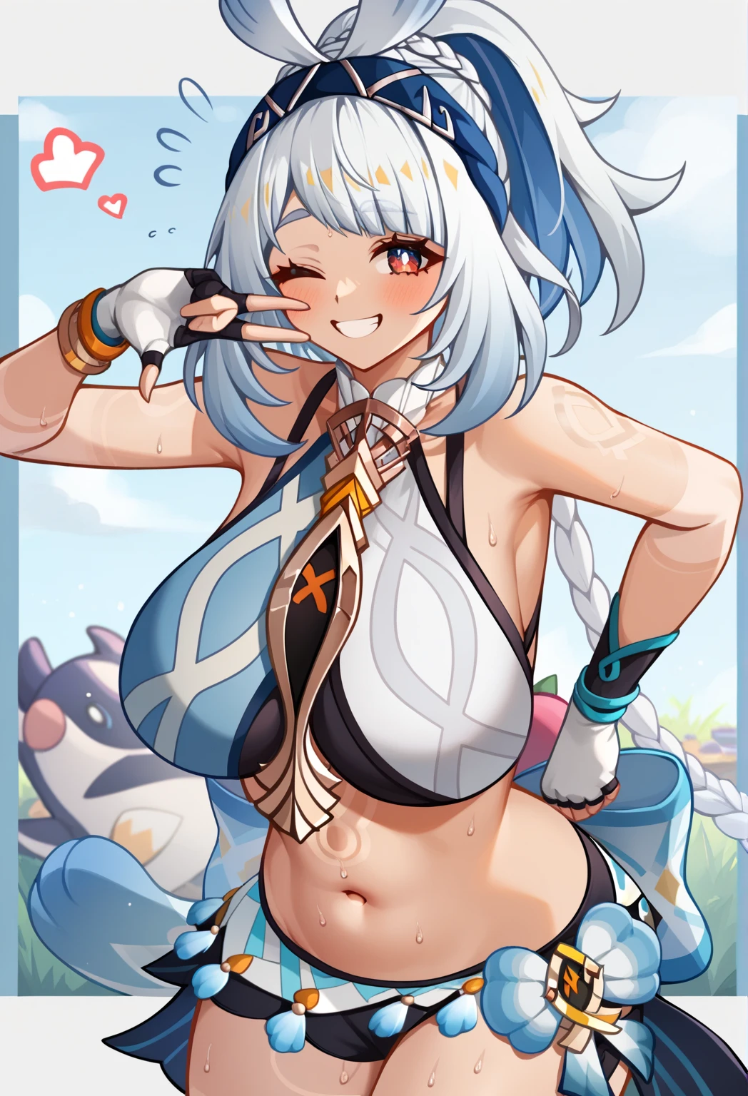 high qualiy, work of art, super verbose, 1 名Kizi, extremely detailed faces,fox ears, long messy blue hair,twin-tail,pink eyes,Taking care of students,Kizi ,White sports shortswhite short sleeves,Clothes soaked with sweat,Place your hands on your chest,Bright meadow,wilderness,beautiful ass, big breasts, slim, perfectbody